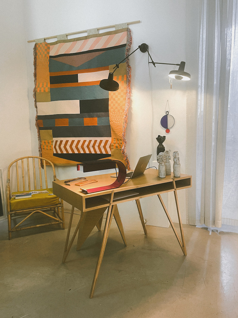 Grupa wall lamp, wooden desk by Dorian